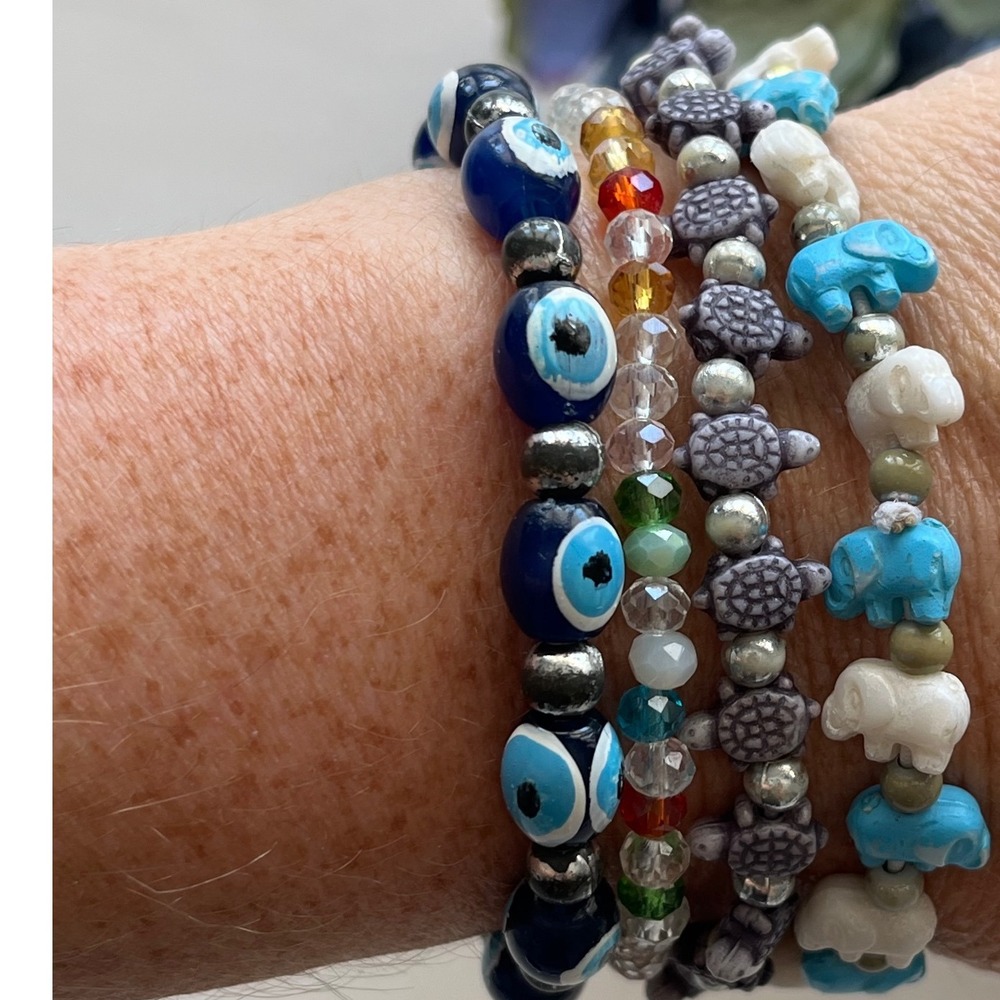 Beaded Stretch Bracelet Set Evil Eye Turtle Elephant Colorful‎ Boho Bracelet